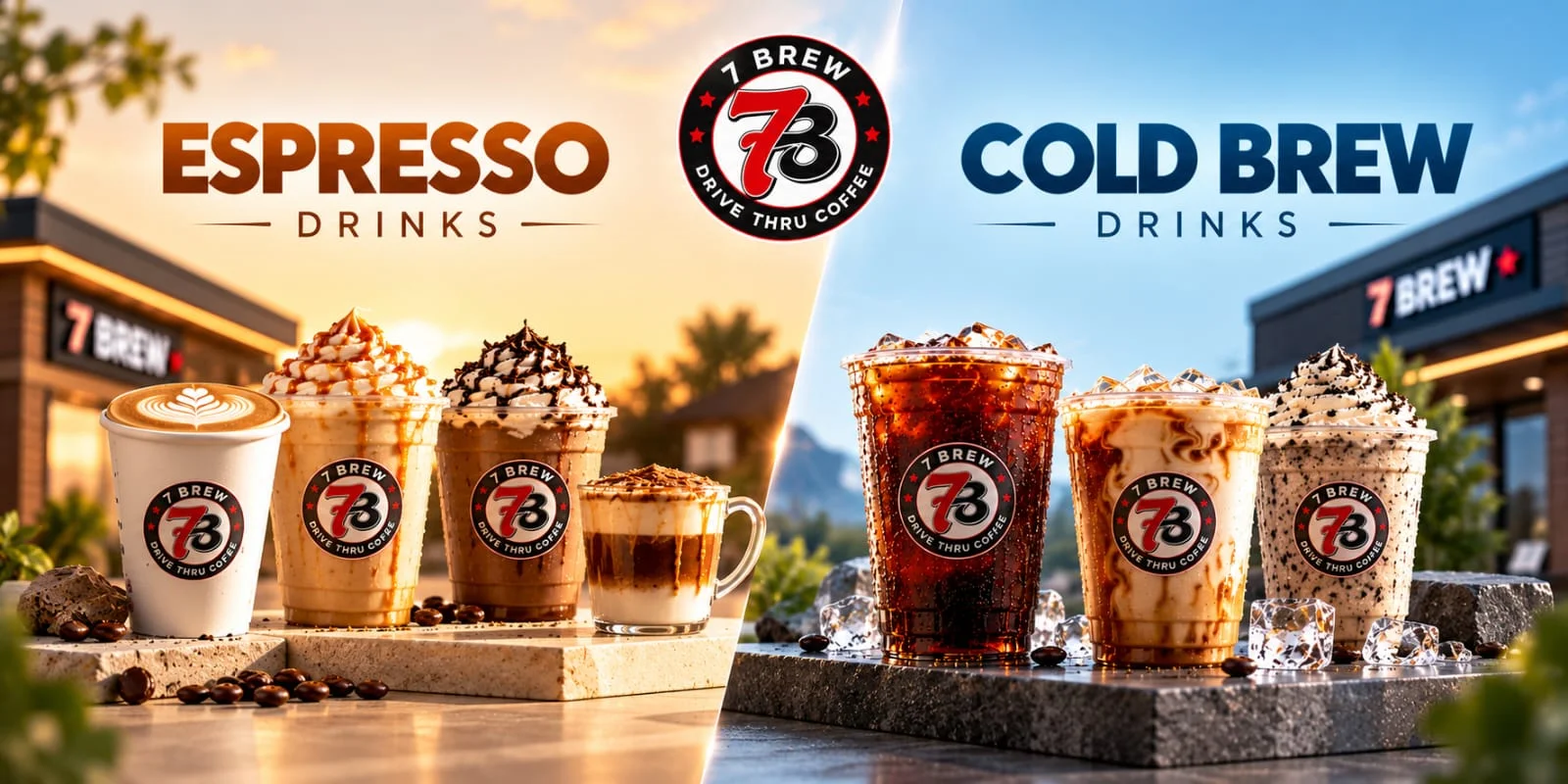 Hot, iced and blended 7 Brew coffee drinks side by side