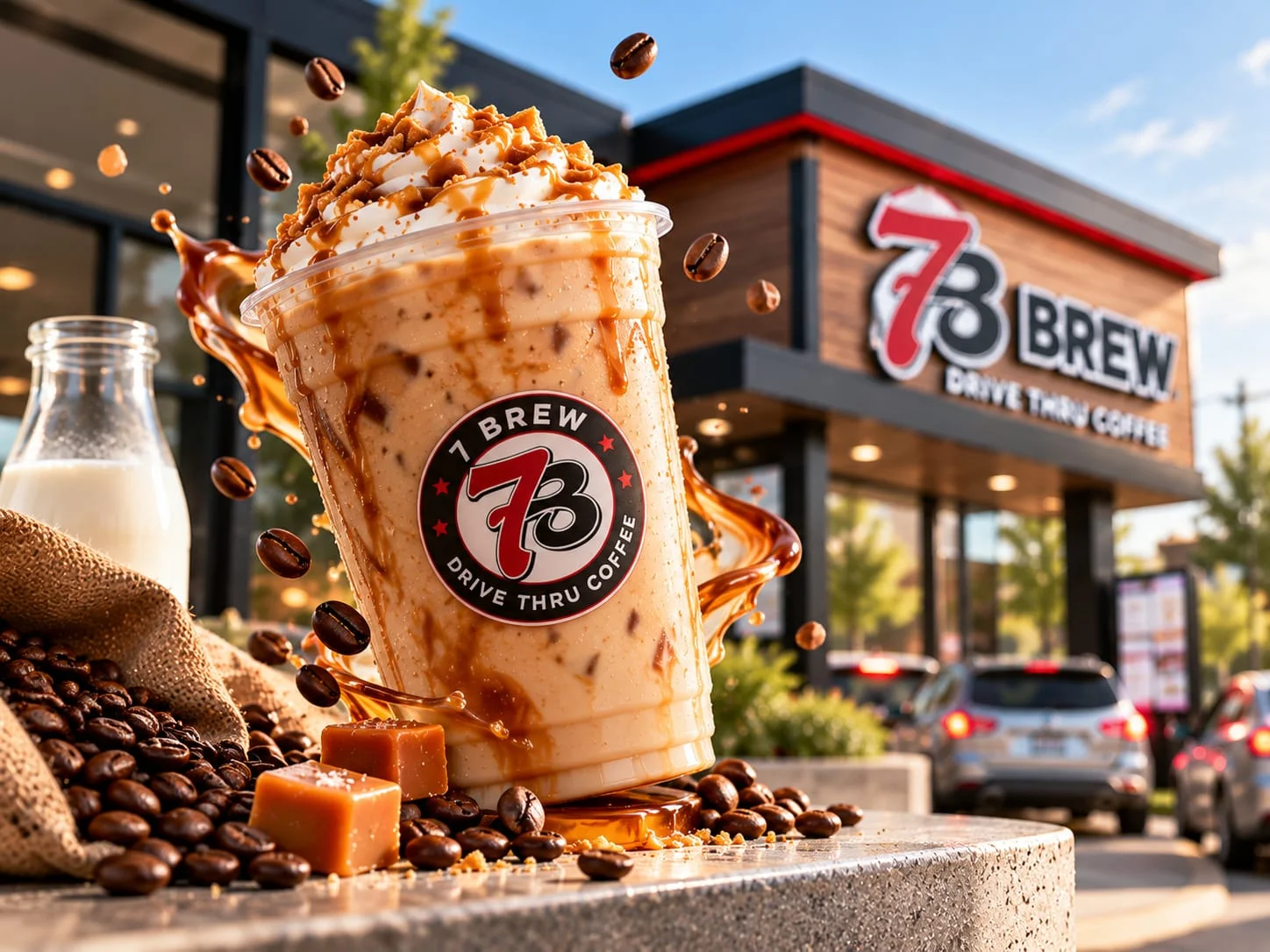 Iced 7 Brew latte with vanilla syrup