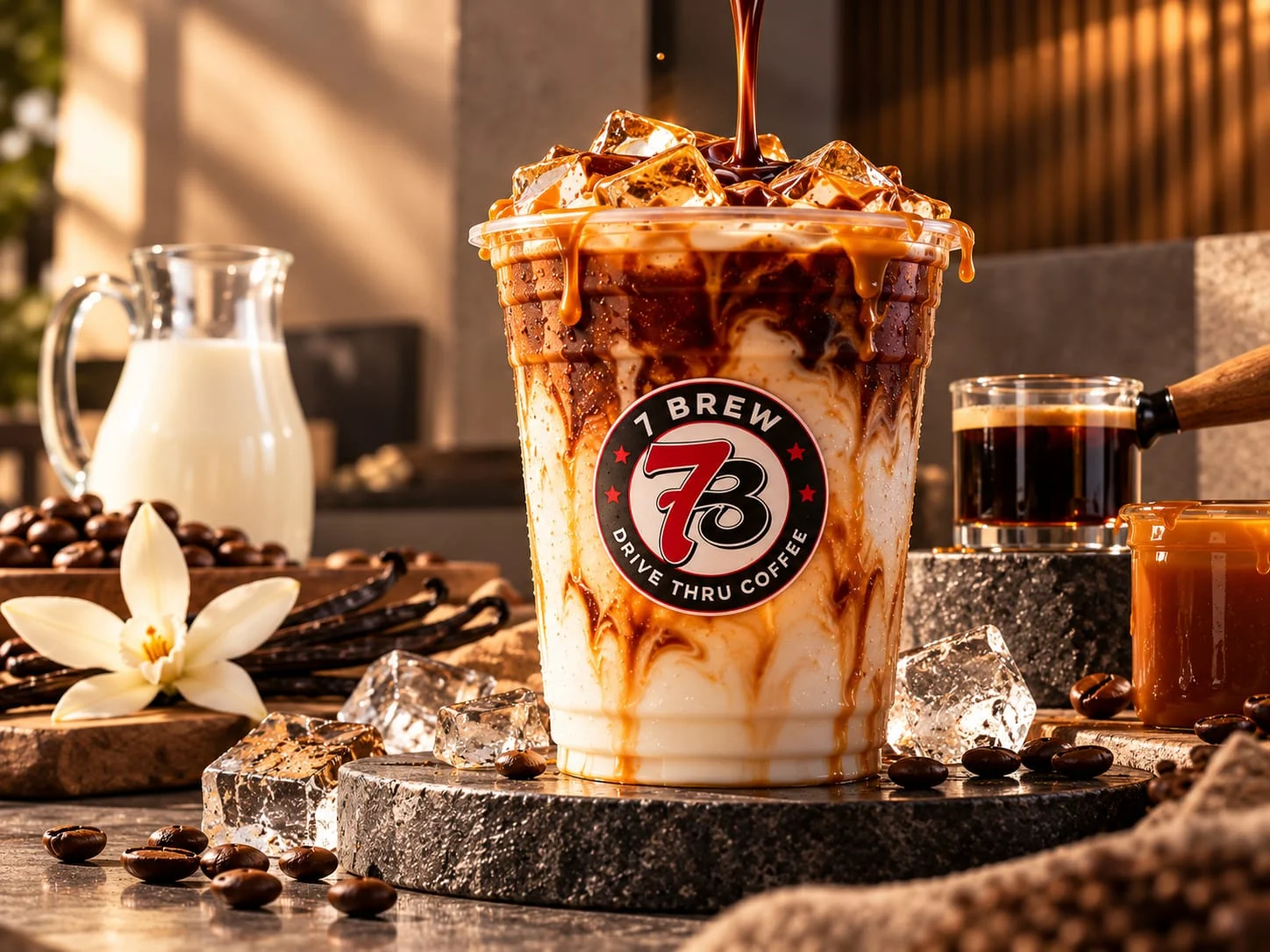 Layered 7 Brew caramel macchiato in a clear cup