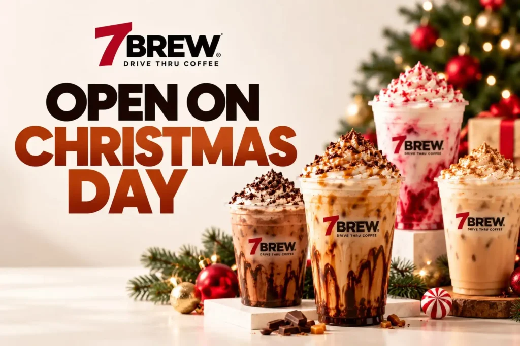 7 Brew Christmas Drinks 3 7 Brew drive-thru stand lit up on a winter evening