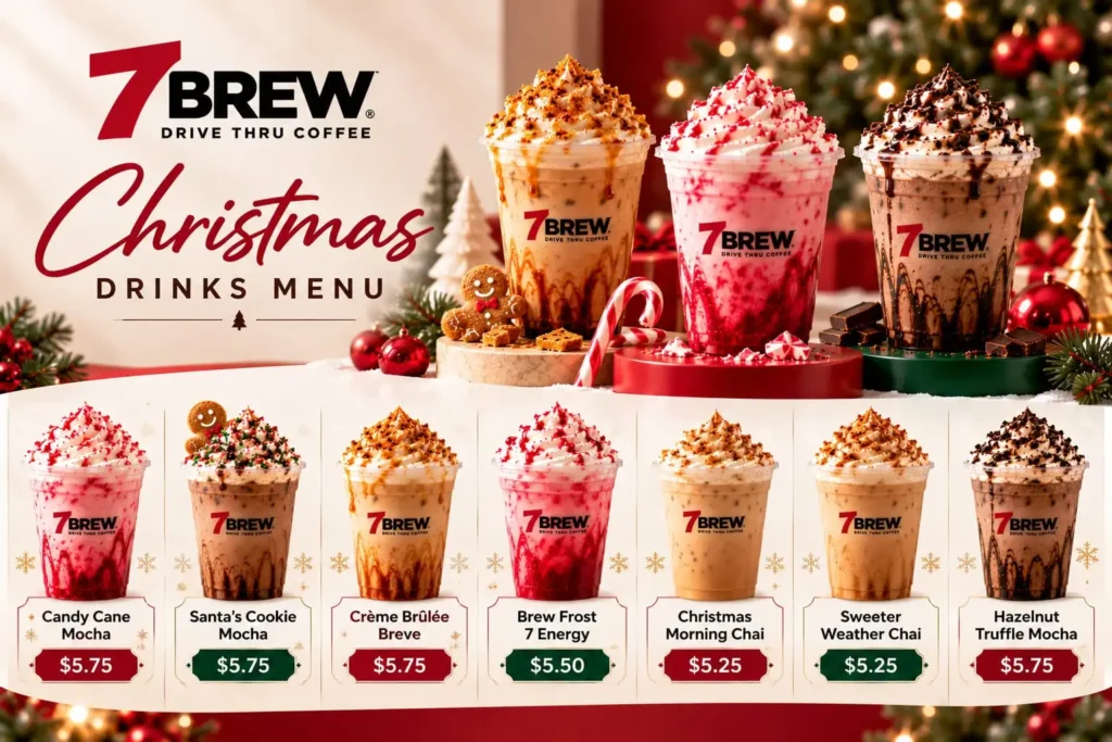 7 Brew Christmas Drinks 13 Four medium 7 Brew drinks in a holiday tray
