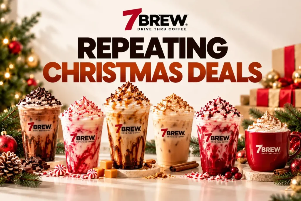 7 Brew Christmas Drinks 5 Four-drink tray and holiday sticker from a 7 Brew December deal