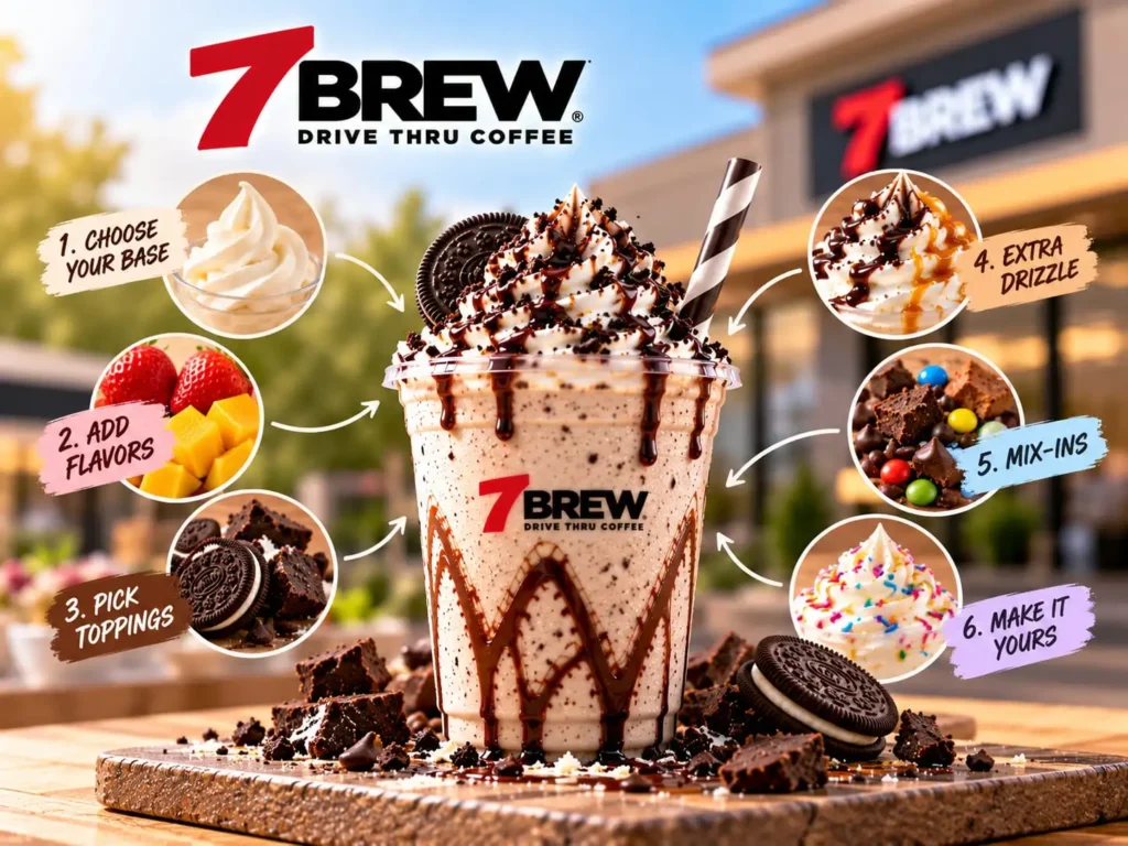Drizzle and whipped cream being added to a 7 Brew shake