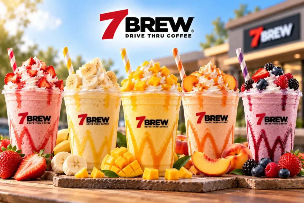 7 Brew Orange Sherbet, Peaches N' Cream and Banana shakes