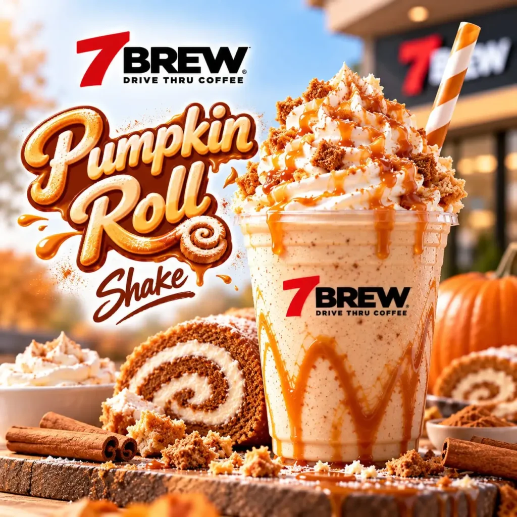 7 Brew Pumpkin Roll Shake with whipped cream and pumpkin drizzle