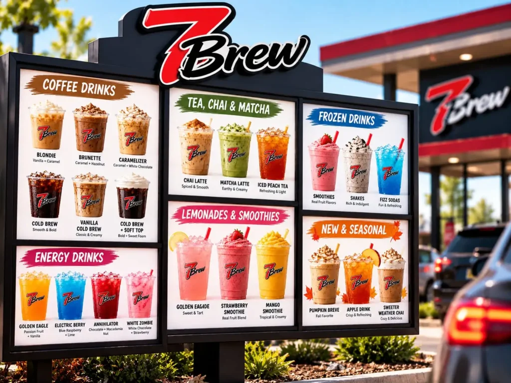 7 Brew pumpkin drinks: popular 7 Brew drinks: The 7 Brew drinks menu board by drink group